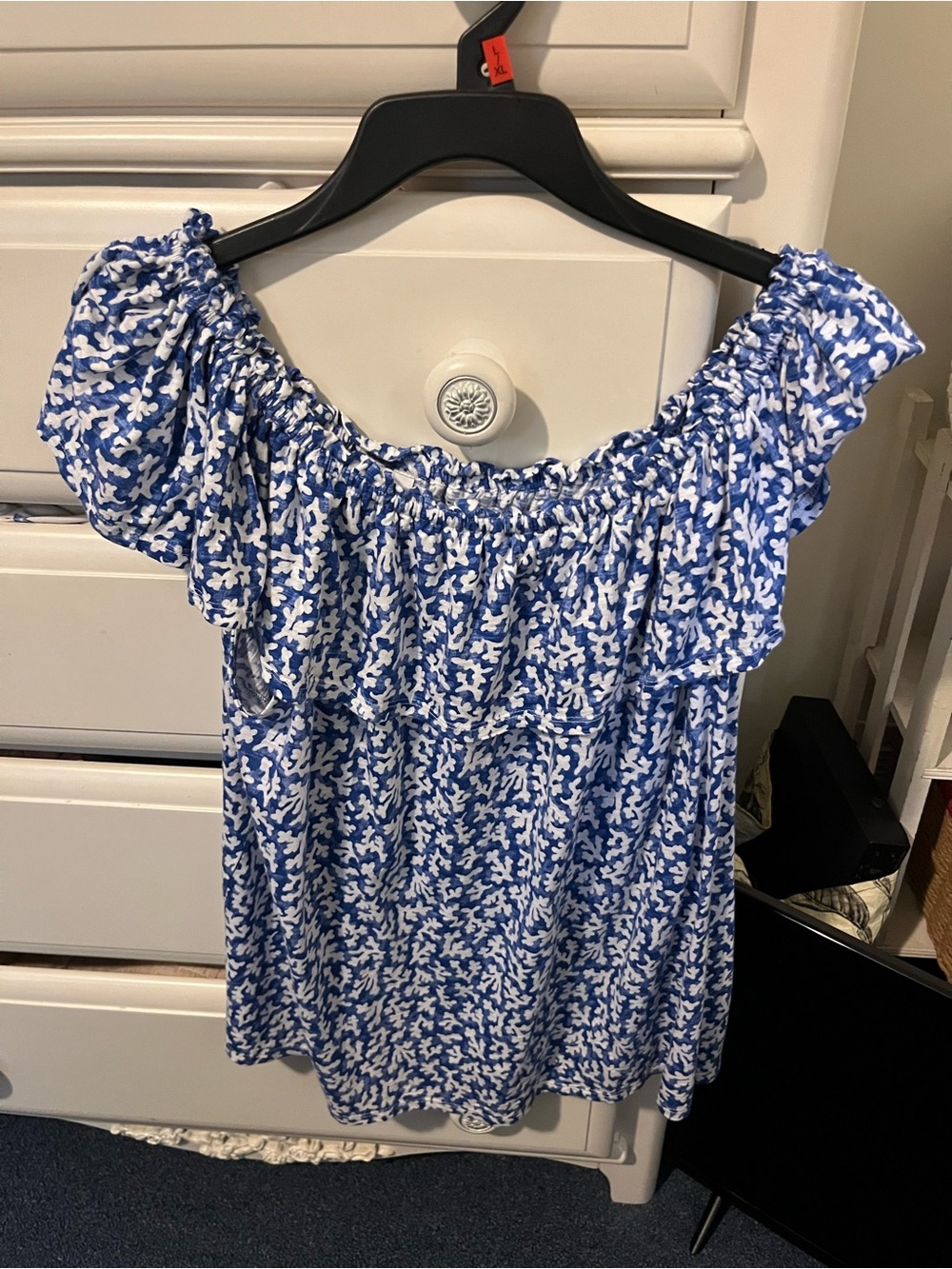 J. Jill Blue and White Floral Off-Shoulder Ruffle Top